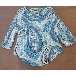 Talbots Blue White‎ Paisley V Neck Chiffon Long Sleeve Blouse Top Womens Size S
